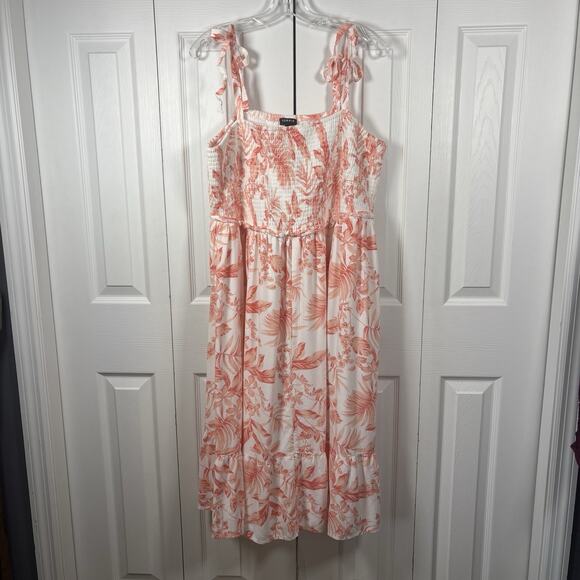 Torrid Midi Smocked Dress Size 3X Coral Orange White Challis Floral Lined Beach - Picture 1 of 8